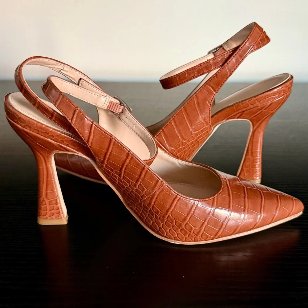 Brown Croc-Embossed Ankle-Strap Pointed Toe Pumps - Picture 7 of 11